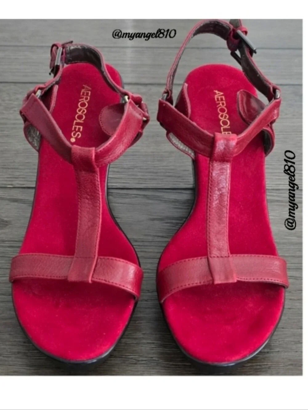 AEROSOLES Red Leather T-Strap Wedge Sandals with Black Wedge Sole, Size 9.5